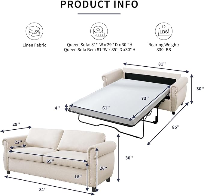 2 in 1 Pull Out Sofa Bed Queen Size Sleeper Sofa Guest Bed with 4 Foldable Memory Foam Mattress &amp Nailhead Armrests Linen Modern Convertible Couch for Home Apartment Office - Beige