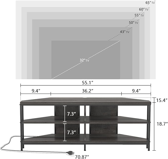 MUTUN Corner TV Stand with Power Outlet Corner TV Stand for 32 43 50 55 60 Inch TV Corner Entertainment Center Industrial TV Console Table for Living Room Bedroom 55 Inch Grey Oak