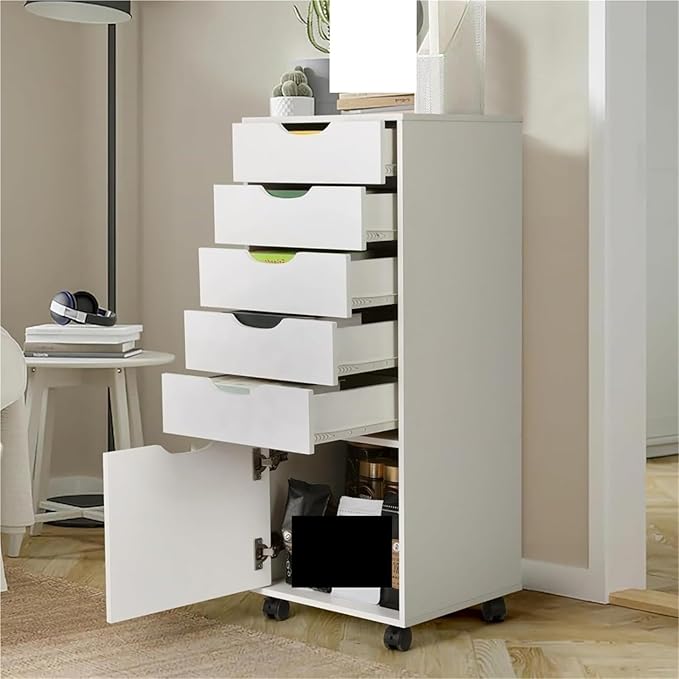 Mobile File Cabinet 5-Drawer Organizer with Bottom Cabinet Storage Tall Chest of Drawers with Caster Wheels Storage Cabinet for Home Office(Black)