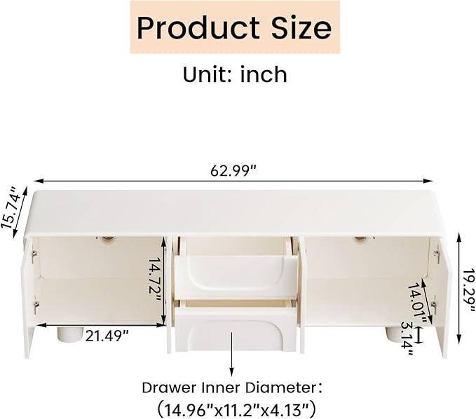 62.99 TV Stand for 55/60/65 TV Modern Entertainment Center with Storage Cabinets and Drawers Mid Century Media Console Table Cream White Television Stand for Living Room