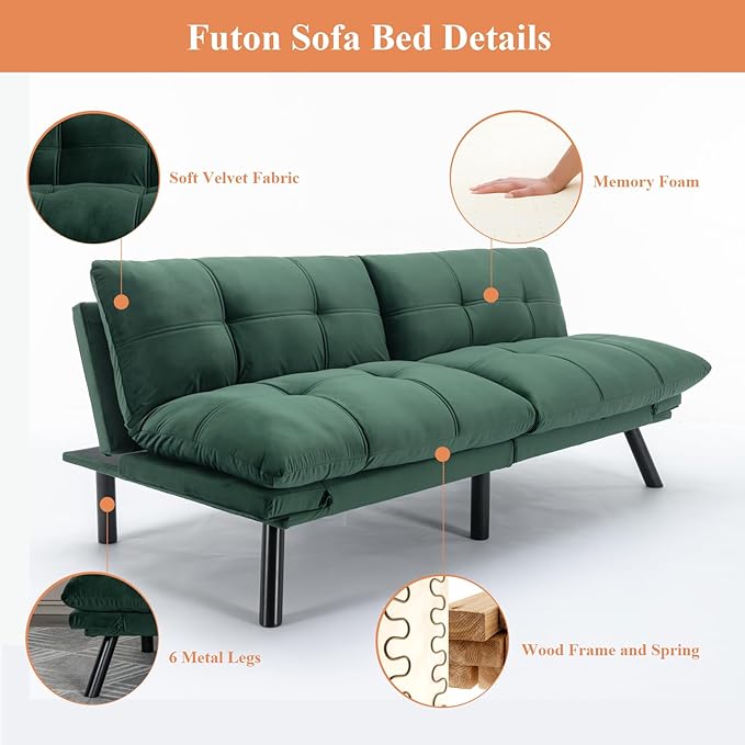 Anwick Futon Sofa Bed Velvet Convertible Futon Sleeper Couch 71 Sleeper Sofa Bed with Adjustable Backrest Modern Loveseat Couch for Compact Living Room Apartment Office (Green)