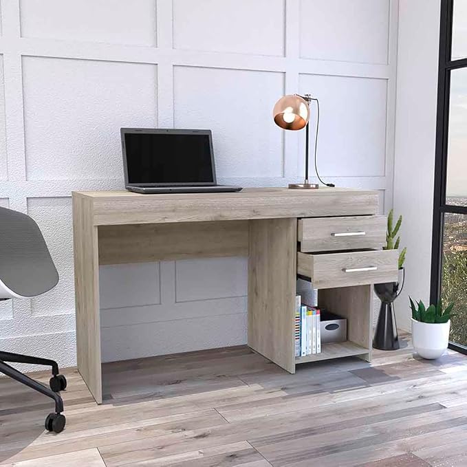 Computer Desk Two Drawers One Lower Shelf Easy Assembly Storage Desk for Home Office Light Gray