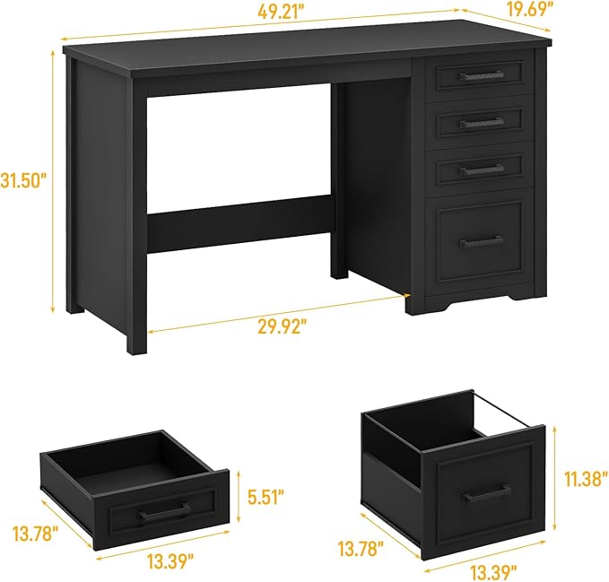 Vabches Farmhouse 49” Executive Desk with File Drawer 4 Drawers Reversible Computer Desk with Storage Rustic Home Writing Workstation for Home Office.Black