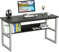 Wooden 43in Computer Desk with Storage Shelf and Metal Stand Modern PC Laptop Workstation Study Table at Home Office Table (Black Desktop+White Legs)