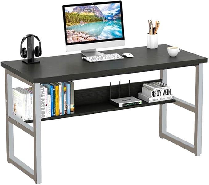 Wooden 43in Computer Desk with Storage Shelf and Metal Stand Modern PC Laptop Workstation Study Table at Home Office Table (Black Desktop+White Legs)