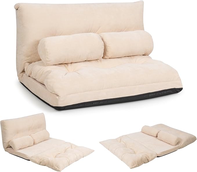 KOMFOTT Foldable Floor Lazy Sofa with 2 Pillows 6-Position Adjustable Reclining Sofa Sleeper Bed Convertible Futon Couch Bed Floor Couch Lounge for Relaxing Reading Playing Gaming (Beige)