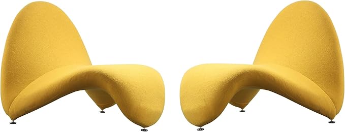 Manhattan Comfort MoMa Modern Abstract Lounge Accent Chair Sculptural Tongue Design Wool Blend Upholstery Metal Frame with Geometric Legs Fully Assembled Set of 2 Yellow