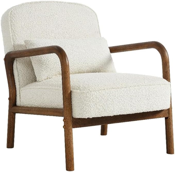Modway Charlie Boucle Upholstered Wood Accent Armchair in Ivory – Mid-Century Modern Chair with Cushion – Cozy Reading Chair with Solid Wood Frame – Fabric Upholstered Armchair for Living Room