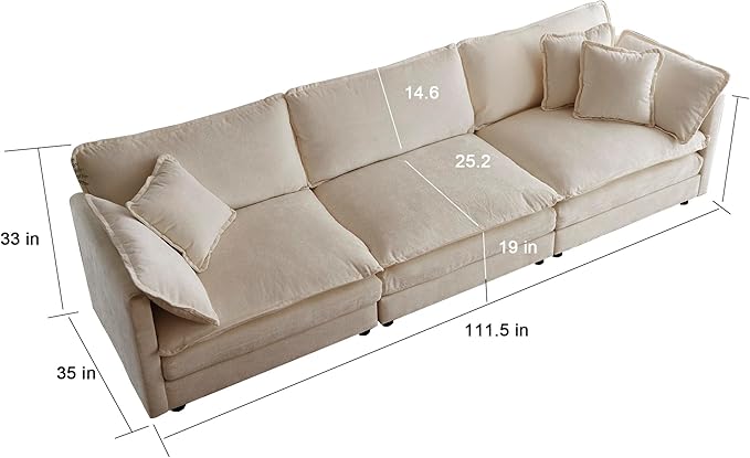 kevinplus 111.5'' Beige Modular Sectional Sofa Couch for Living Room Modern Contemporary 3-Seat Sofa Couch for Apartment Office Chenille Fabric Beige
