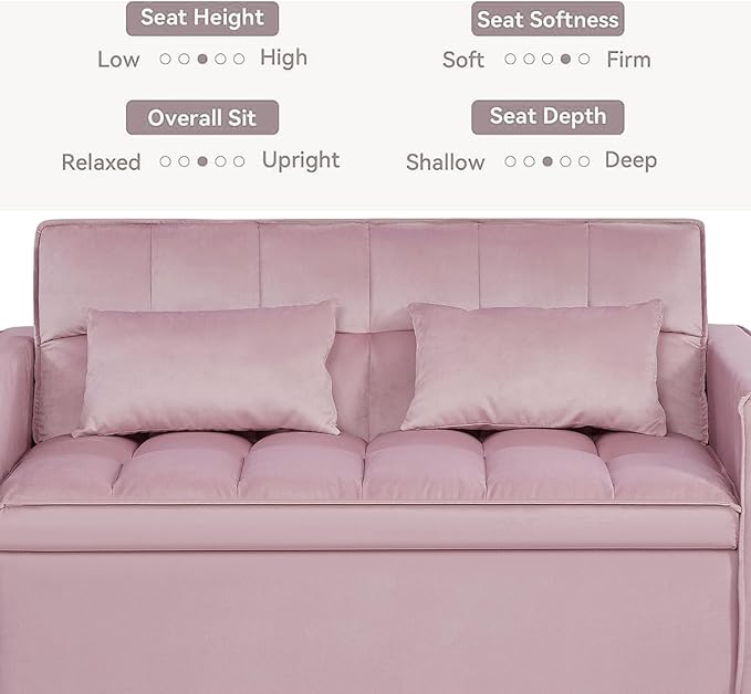 3 in 1 Convertible Sleeper Sofa Futon BedModern Velvet Pull Out Couch Bed with Reclining Backrest&amp2 Pillows54 Full Size Small Love Seat Lounge Couches for Small SpacesLiving Room (Pink)