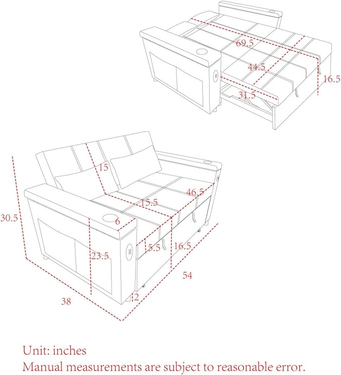 Convertible Sleeper Sofa Bed Pull-Out Recliner Couch with Adjustable Backrest Storage Armrests Side Pockets Cup Holders USB Charging Ports Chenille Loveseat for Living Room Use (Grey)