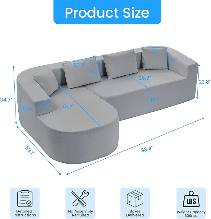 PUREMIND 98 L Shaped Sectional Couches for Living Room Boneless Comfy Modern Sofa Cloud Sectional Modern Sleeper Couch with Chaise for Bedroom Apartment No Assembly Required (Light Grey)