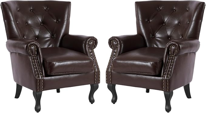 MOJAY PU Leather Accent Chair Set of 2 Modern Armchair Living Room Chair Upholstered Club Chair with Rivet Trim Mid-Century Sofa Chair with Sturdy Wood Legs for Bedroom (Caramel)
