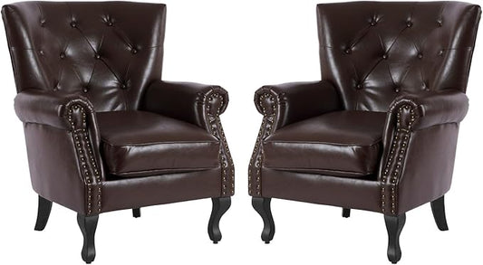 MOJAY PU Leather Accent Chair Set of 2 Modern Armchair Living Room Chair Upholstered Club Chair with Rivet Trim Mid-Century Sofa Chair with Sturdy Wood Legs for Bedroom (Caramel)