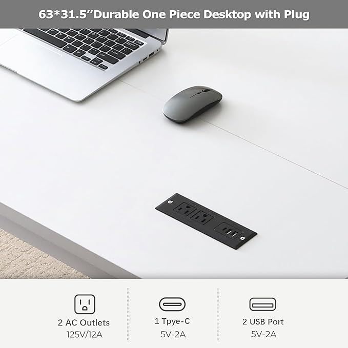 Large Computer Desk - 63 Inch Home Office Desks Study Student Writing Table Gaming Desk Wood Modern Simple Table with USB Ports White