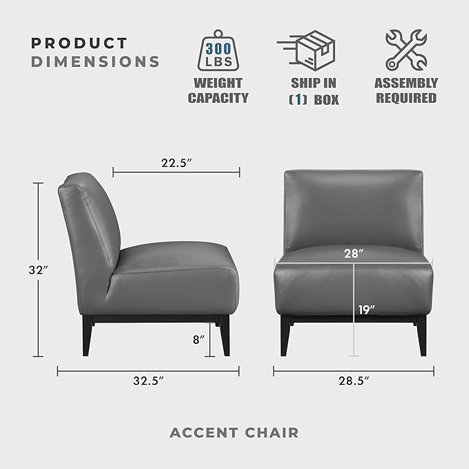 Lexicon Modern Living Room Leather Accent Chair Luxury Genuine 100% Top Grain Leather Upholstered Armless Chair Comfortable Seat Black Solid Wood Legs for Bedroom/Office Easy Assembly Dark Gray