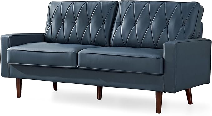 Container Furniture Modern Style Faux Leather Sofa with Elegant Round Tapered Legs and Button Tufted Backrest Perfect for Living Room Bedroom or Home Office 69.3’’ Wide Blue