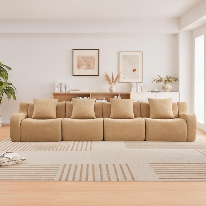 148 Modular Boneless Sectional Sofa Boneless Couch for Living Room and Apartments 32D High Density Sponge No Assembly Required (4 Seater) Camel