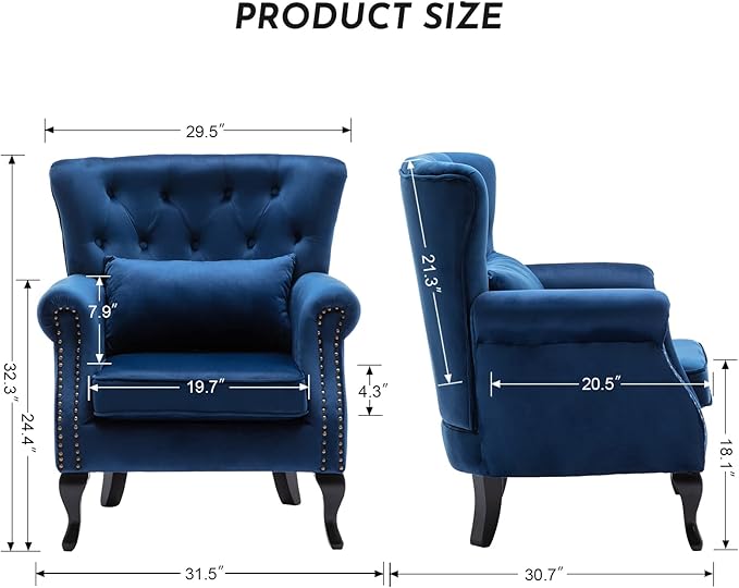 Accent Reading Arm Chairs Set of 2 for Living Room Bedroom Midcentury Modern Comfy Corner Sofa Chair Wingback Waiting Room Club Chair with Button Tufted Back &ampLumbar Pillow Velvet Blue