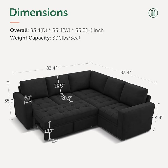 HONBAY Modular Sectional Sleeper Sofa with Pull Out Bed Velvet Convertible L Shaped Couch with Storage Seat Sectional Couches for Living Room Black