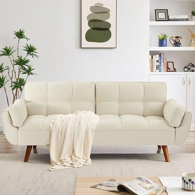 Convertible Sofa Bed Folding Loveseat Couch Modern Futon Recliner Sleeper with Adjustable Backrest Beige