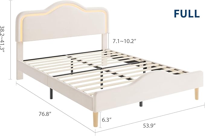 IDEALHOUSE Full Size Bed Frame with LED Lights Velvet Upholstered Platform Bed with Adjustable Headboard for Kids/Girls Wooden Slats Support No Box Spring Needed Beige