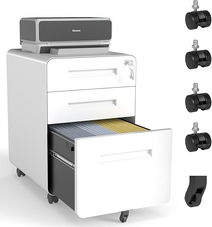 3 Drawer Filing Cabinet Lockable Metal File Cabinet Mobile File Cabinets for Home Office Under Desk Cabinets for Organizer A4/Letter/Legal Fully Assembled (White 2)