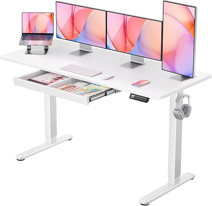 ErGear 55 x 24 Electric Standing Desk with Drawers Height Adjustable Desk with 4 Preset Heights Ergonomic Rising Home Office Computer Table with Splice Board White