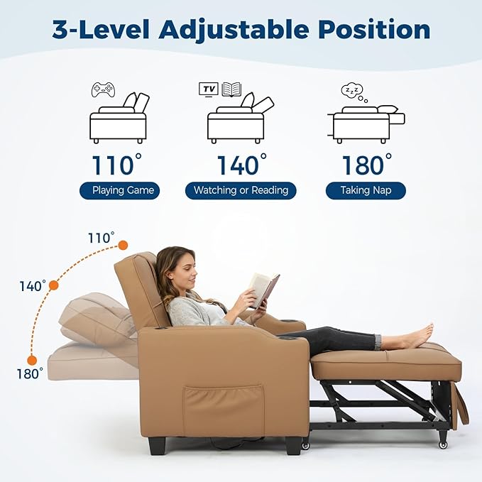 Sleeper Chair Pull Out Bed 4 in 1 Convertible Sofa Chair Bed with Vibration Massage Lumbar Pillow Single Sofa Recliner with USB/Type-C Port Cup Holders and Side Pocket for Small Spaces (Brown)