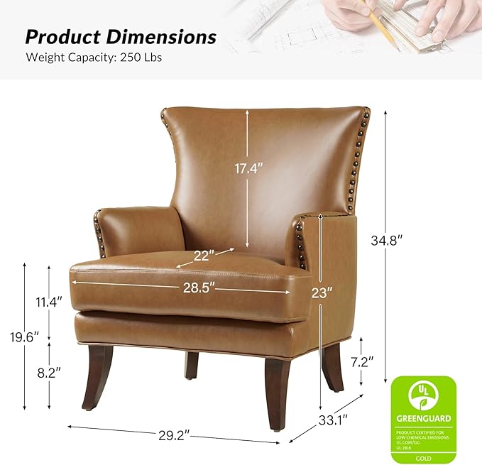 HULALA HOME Faux Leather Accent Chair with Arms for Living Room Modern Leather Single Sofa Armchair with Nailhead Trim Vegan Leather Wingback Accent Chair Lounge Sofa Chair Camel-S2