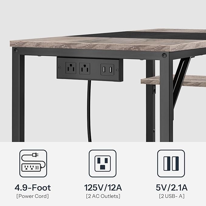 HOOBRO Computer Desk Home Office Desk with Power Outlet Writing Desk with 2 Shelves Modern Small Desk for Home Office Study Easy to Assemble Charcoal Gray and Black BG43UDN01