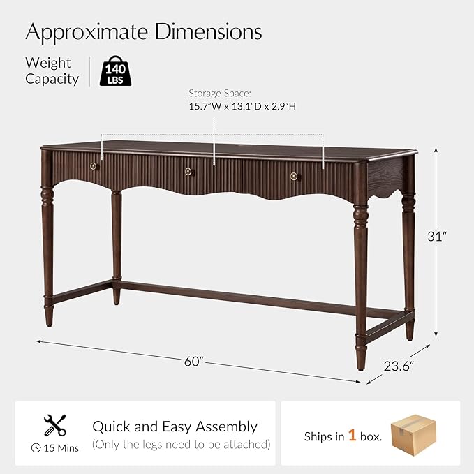 HULALA HOME 60 Fluted Executive Desk with Charging Station 3 Drawers Home Office Desk with Solid Wood Spindle Legs Wood Writing Desk with Storage Natural Wood Grain Texture Auburn