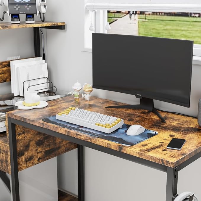 Computer Desk with Power Outlet &amp USB Ports Modern Office Desk with Storage Shelves for Home &amp Study – Ergonomic Computer Table for Efficient Workstation (Brown)