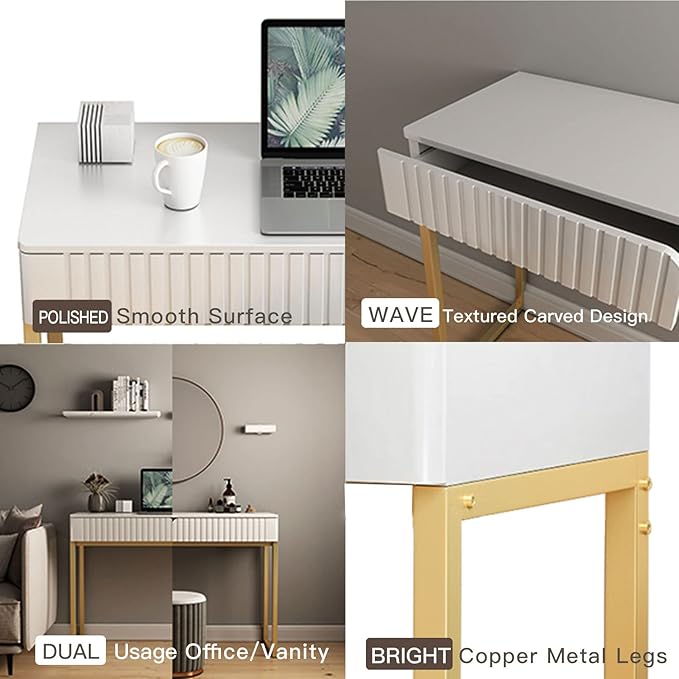 Elegant Modern Desk 2 Drawers Gold Legs 43.3x15.75 inches Home Office Makeup Vanity Computer Writing Study Entryway Sofa Table