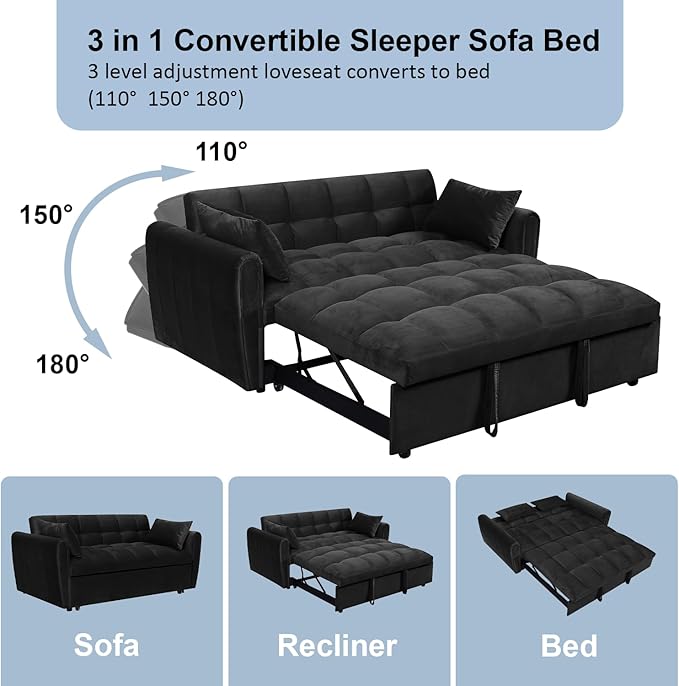 64.9 Velvet Convertible Sofa Bed 3-in-1 Sleeper Loveseat with Adjustable Backrest &amp Soft Armerest Modern Futon for Small Spaces Apartment Living Room Office (Black)