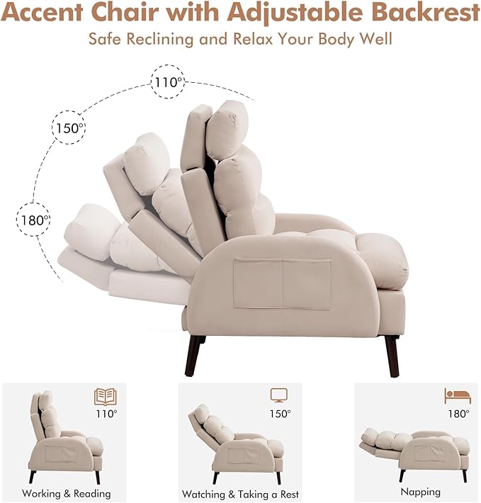 Accent Chair with Ottoman Comfy Reading Chair and Ottoman Set Modern Oversized Lounge Armchair with Adjustable Backrest for Living Room Bedroom Velvet Khaki