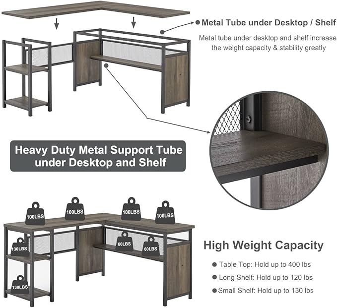 FATORRI L Shaped Desk Industrial Reversible Home Office Computer Desk with Wood Shelves Corner Desks with Metal Legs (Walnut Brown 59 Inch)