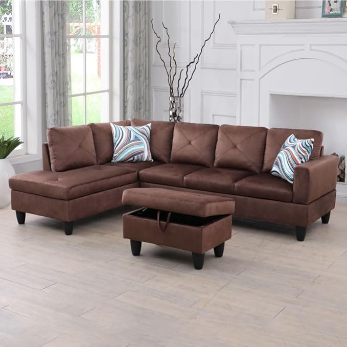Brown L-Shaped 3-Piece Microfiber Sofa with Storage Ottoman Set Sectional Couch Sofa Set for Living Room Office Small Space
