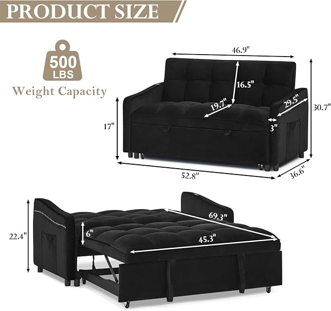Sleeper Sofa Couch with Type C USB Port 3 in 1 Modern Velvet Convertible Loveseat Sofa w/Pull Out Bed Curved Armrest for Small Space Livingroom Apartment Office Black
