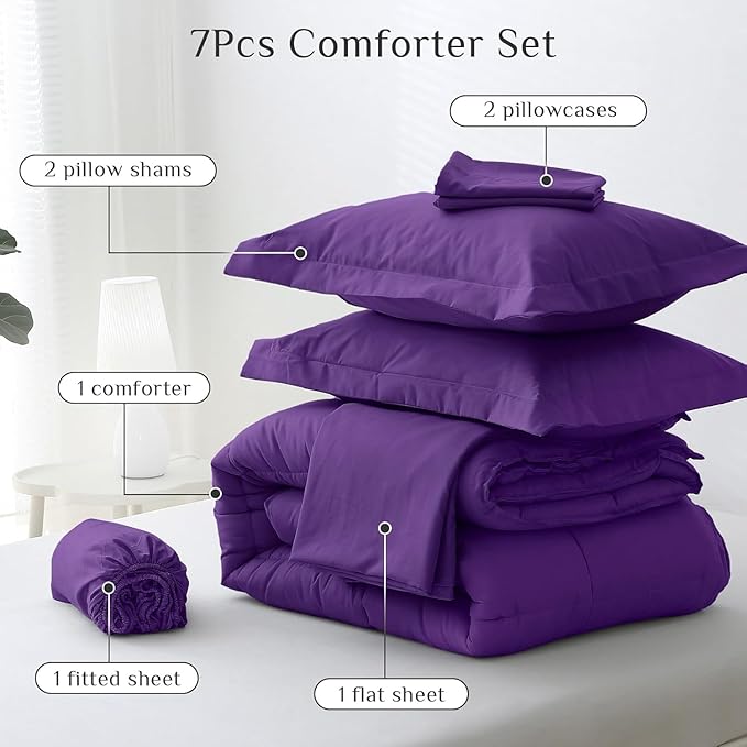 JOLLYVOGUE Full Comforter Set Ultra-Soft Bed in a Bag Full Size 7 Pieces Oeko-TEX Certified Bedding Set with Down Alternative Comforter Sheets Pillowcases &amp Shams Purple