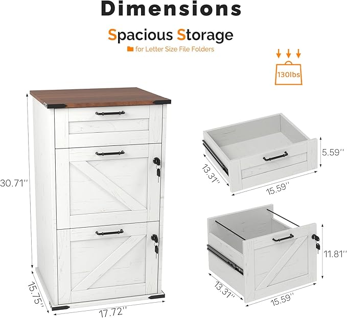 VINGLI 3 Drawer File Cabinet with Lock Home Office Filing Organizer for Letter Size File Folder Storage Modern Farmhouse Style Wood Vertical Filing Cabinet Archivador (Rustic White &amp Brown)