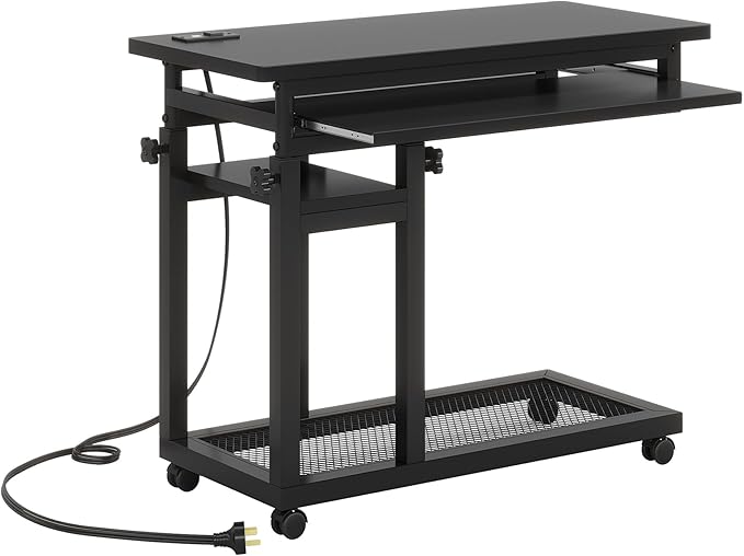 Tribesigns Small Portable Desk with Power Outlet Height Adjustable Sofa Couch Bedside Laptop Table with Wheels Mobile Standing Desk Rolling Computer Cart C Side Table with USB Ports