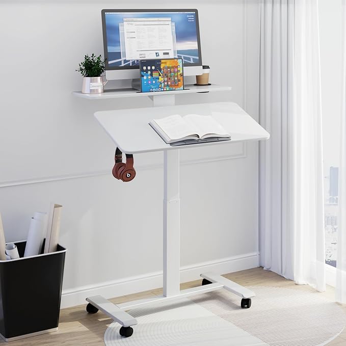 Pneumatic Standing Desk with Wheels - Adjustable Height 28 - 46 &amp 0-90° Tilt 31.5 x 17.7 Skin-Feel Desktop Rolling Computer Desk for Home Office Hospital School (White)