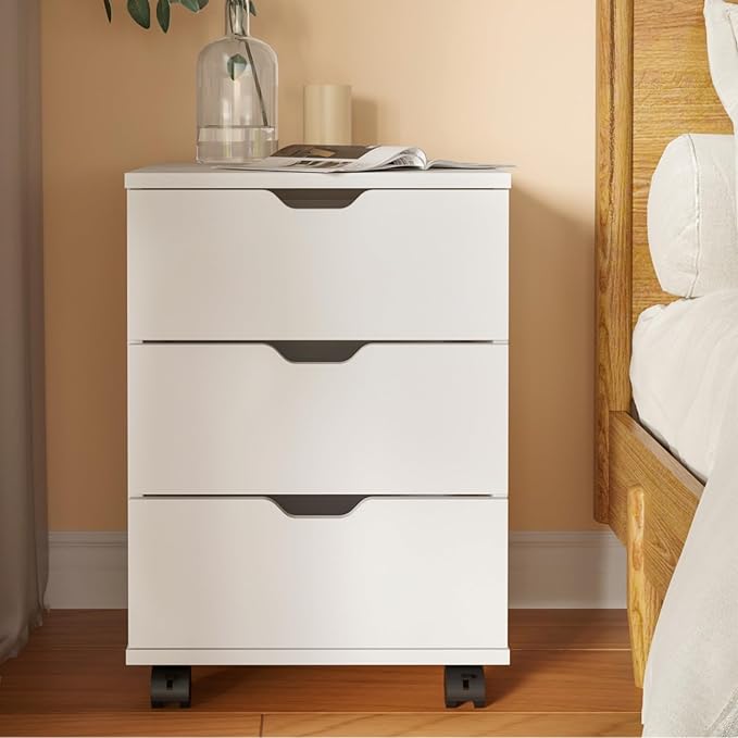 Hassyee 3-Drawer Vertical Filing Cabinet with Compact Storage Solution Rolling Wood Mobile File Cabinets with Four Casters for Home and Office (White)