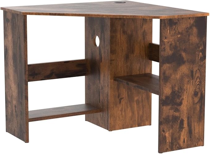 COSTWAY Corner Computer Desk Space-Saving Triangular Writing Desk w/ 2 Storage Shelves &amp 2 Cable Holes Multi-Functional Console Table for Small Space in Home Office Living Room Bedroom (Coffee