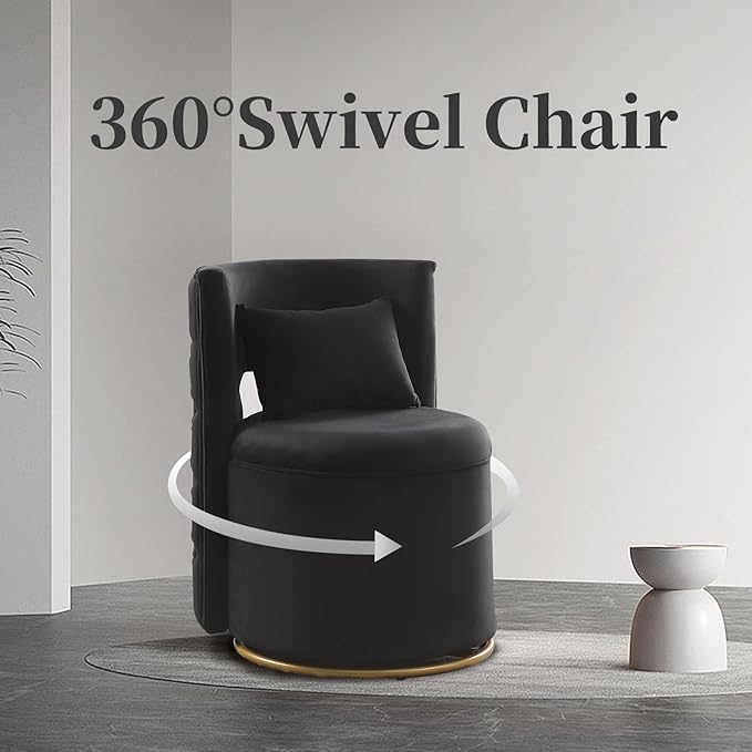 Swivel Chair with Storage for Living Room Round Velvet Vanity Chair with Tufted Button Back Pillow Included (Black)