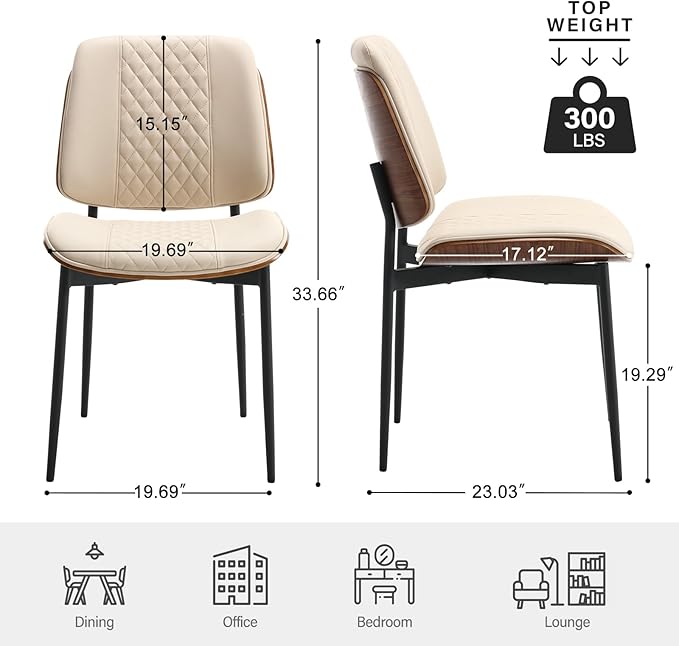 BV Dining Chairs Set of 2 PU Leather Armless Kitchen Chair in Modern Walnut Style Mid Century Bentwood Side Chair with Metal Legs Retro Accent Guest Chair for Kitchen Dining Room(Beige)