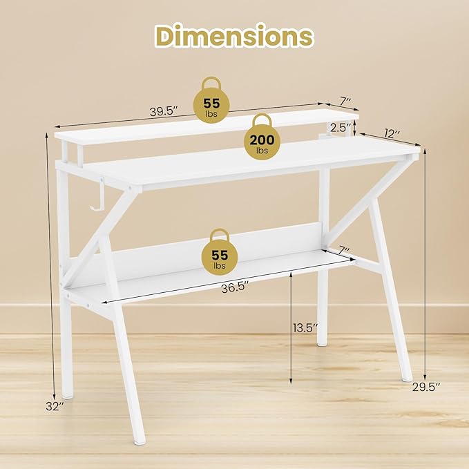 Giantex Small Desk with Storage Compact Computer Desk for Small Spaces with Monitor Stand Metal Frame &amp Earphone Hook Laptop PC Table Modern Writing Desk for Home Office Bedroom (White)