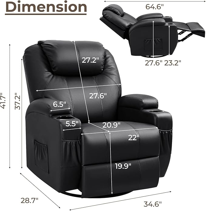Furniwell Rocker Recliner Chair with Massage for Elderly Leather Adjustable 360°Swivel Rocking Sofa for Living Room with Remote Control Cup Holders (Black)