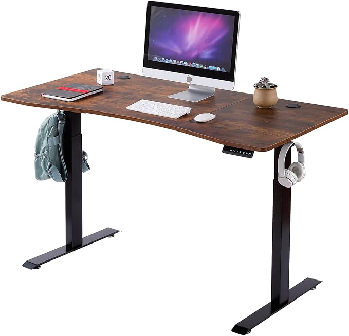 UNICOO - Dual Motor Electric Height Adjustable Standing Desk 59x29.5 Inches Home Office Computer Desk Gaming Desk with USB Charging and Hooks (Black Frame/Rustic Brown Top) XOT-D59-BR